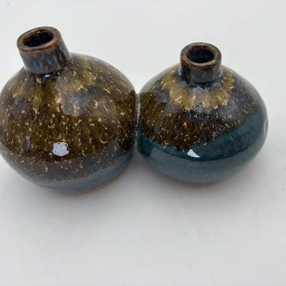 Set of Two Joined Pottery Bud  Vases in Blue and Brown -Makers Mark
